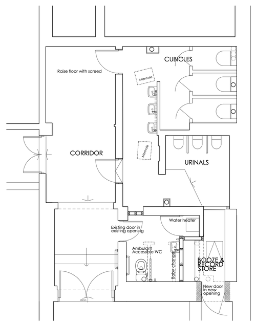Cube Toilets 2024 plan - after view, including a new ambulant accessible WC, baby change, an all-gender toilet block (with segregated urinals and cubicles), a smaller water heater and a new booze and record store.